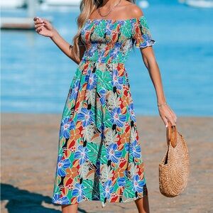 Cupshe Blue and Pink Smocked Off-Shoulder Sundress